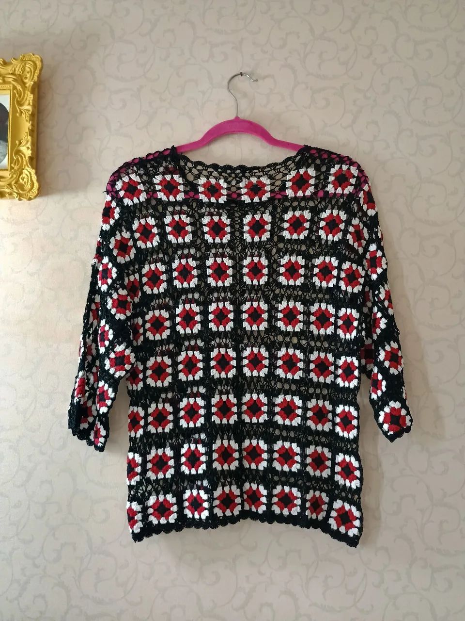 Blusa de crochê artesanal preto e vermelho | Mango m - Foto 2