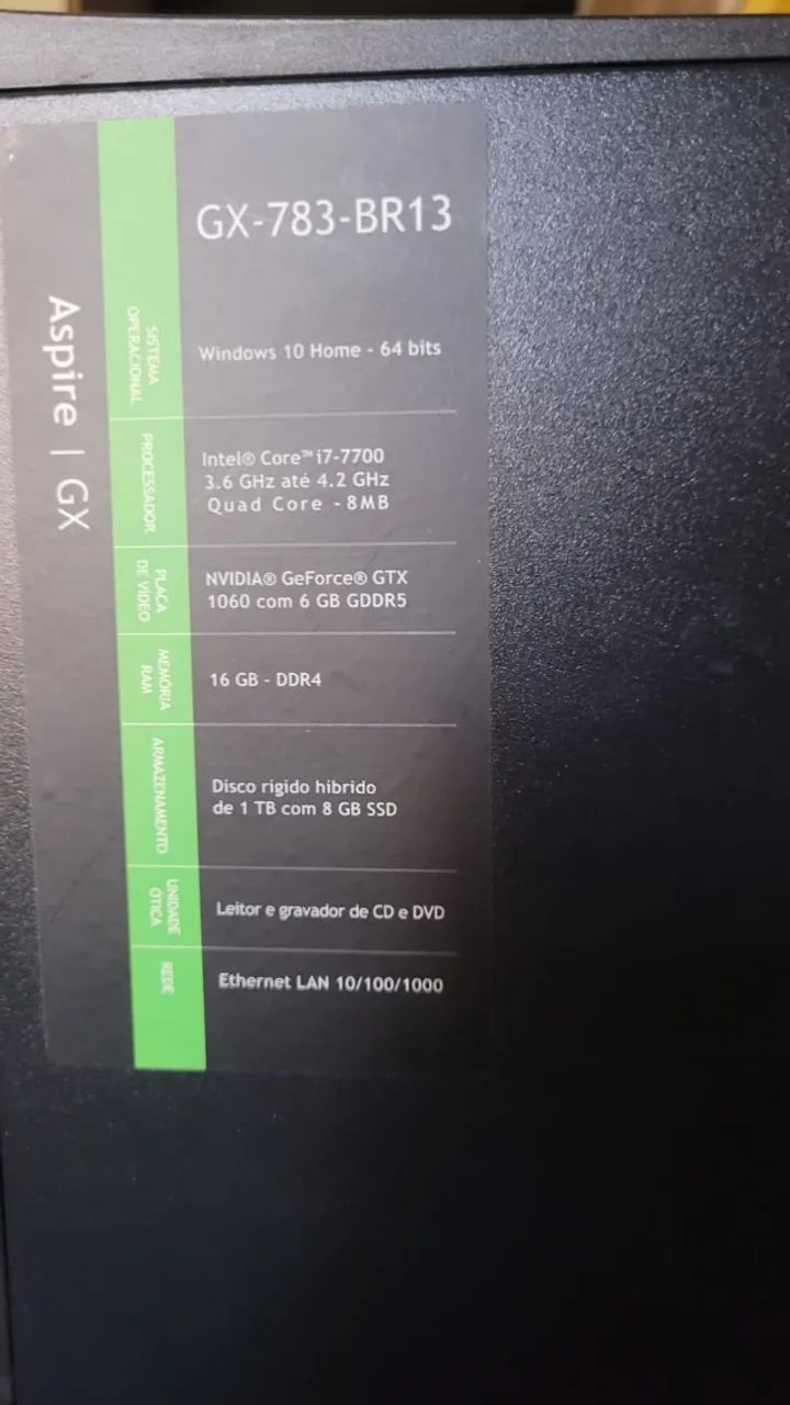 CPU Gamer ACER 783 - Intel Core i7 16GB, GTX 1060, 1TB HDD