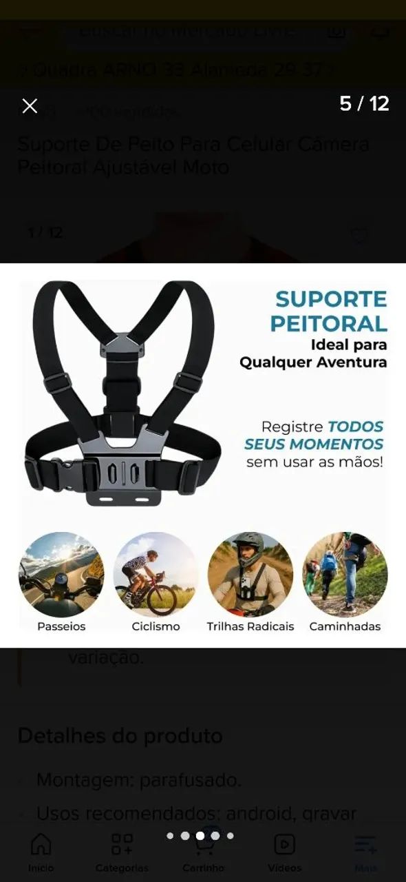 Suporte de peito para Celular,  Câmera  peitoral ajustável moto  - Foto 4