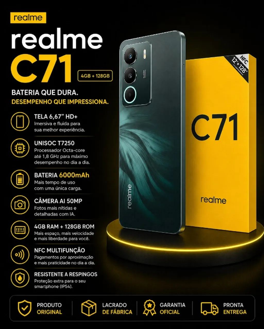 Realme C71 128GB NFC Com Bateria 6300mAh e Carga 45W Entrega Grátis DF