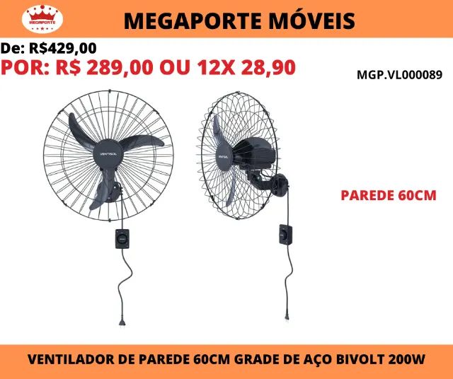 Ventilador de Parede 60cm Grade de Aço Ventisol 200W Bivolt
