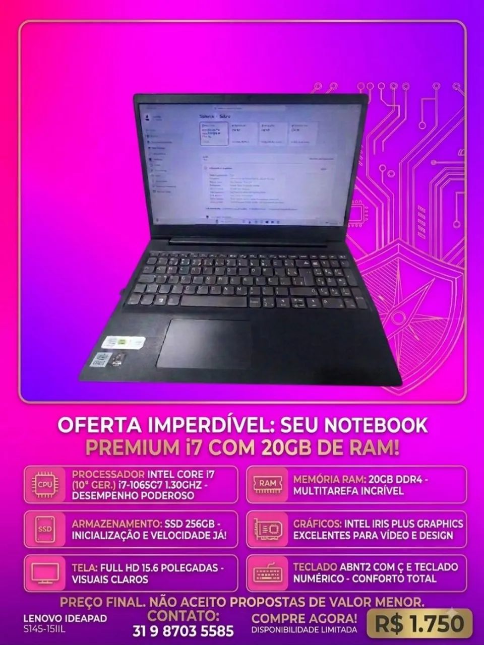 Notebook Lenovo ideapad S145 Intel core i7 20GB de RAM 256GB M2