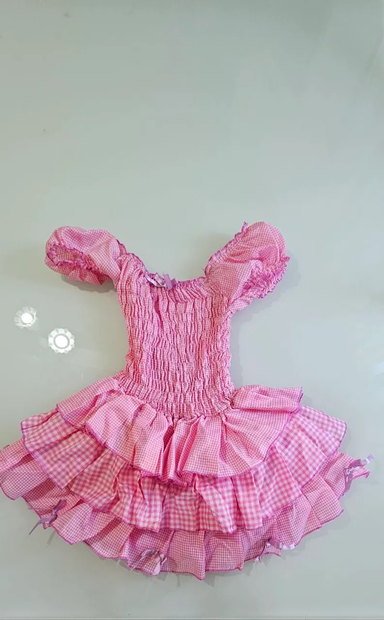 Vestido Festa Junina Rosa Xadrez Infantil com Babados