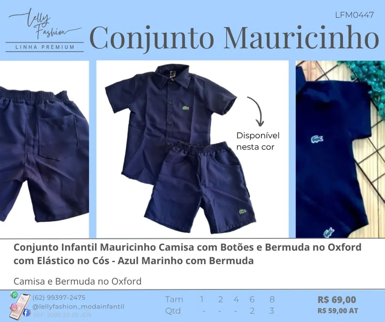 Conjunto Mauricinho camisa e bermuda de 2 a 8 anos
