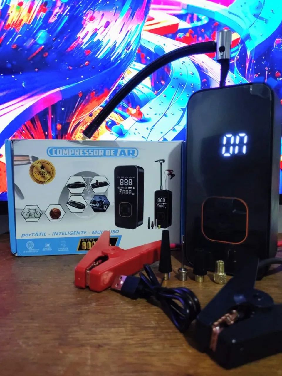 Compressor Digital de Pneus + Auxiliar de Partida Bateria Morta