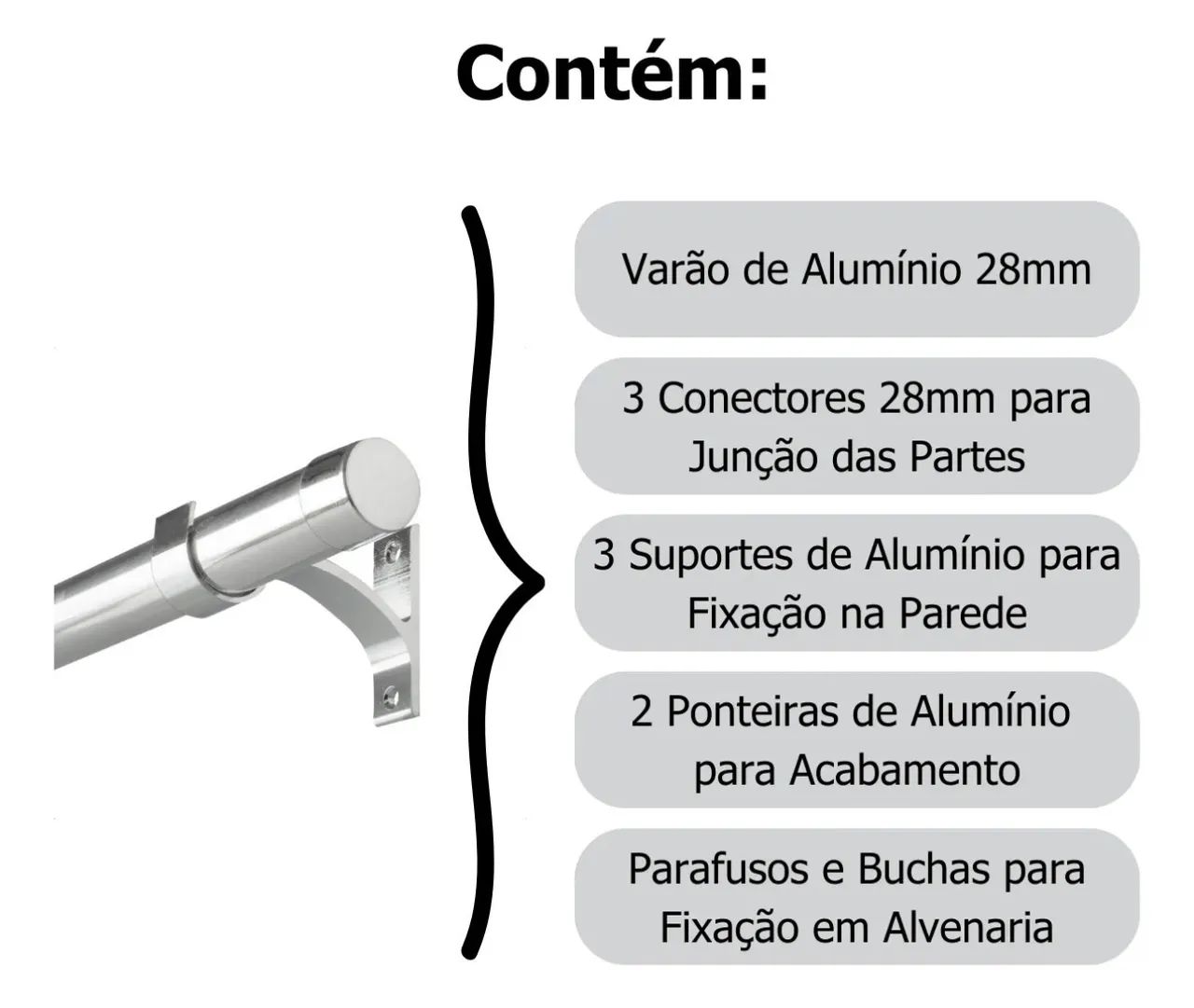 Kit Varão 28mm Com 2,50m Cortina Ilhós/argola 100% Alumínio