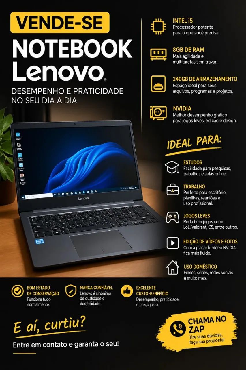 Notebook Lenovo Intel i5 com 8gb de ram.