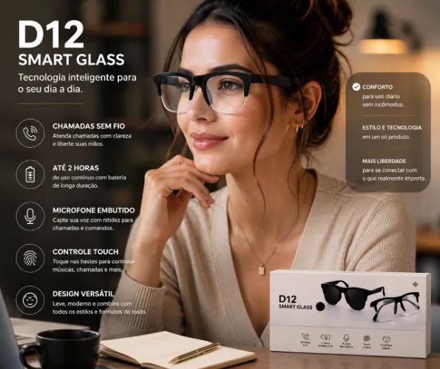 ÓCULOS INTELIGENTE D12 SMART GLASS - NOVO - BLUETOOTH - IA - Foto 3