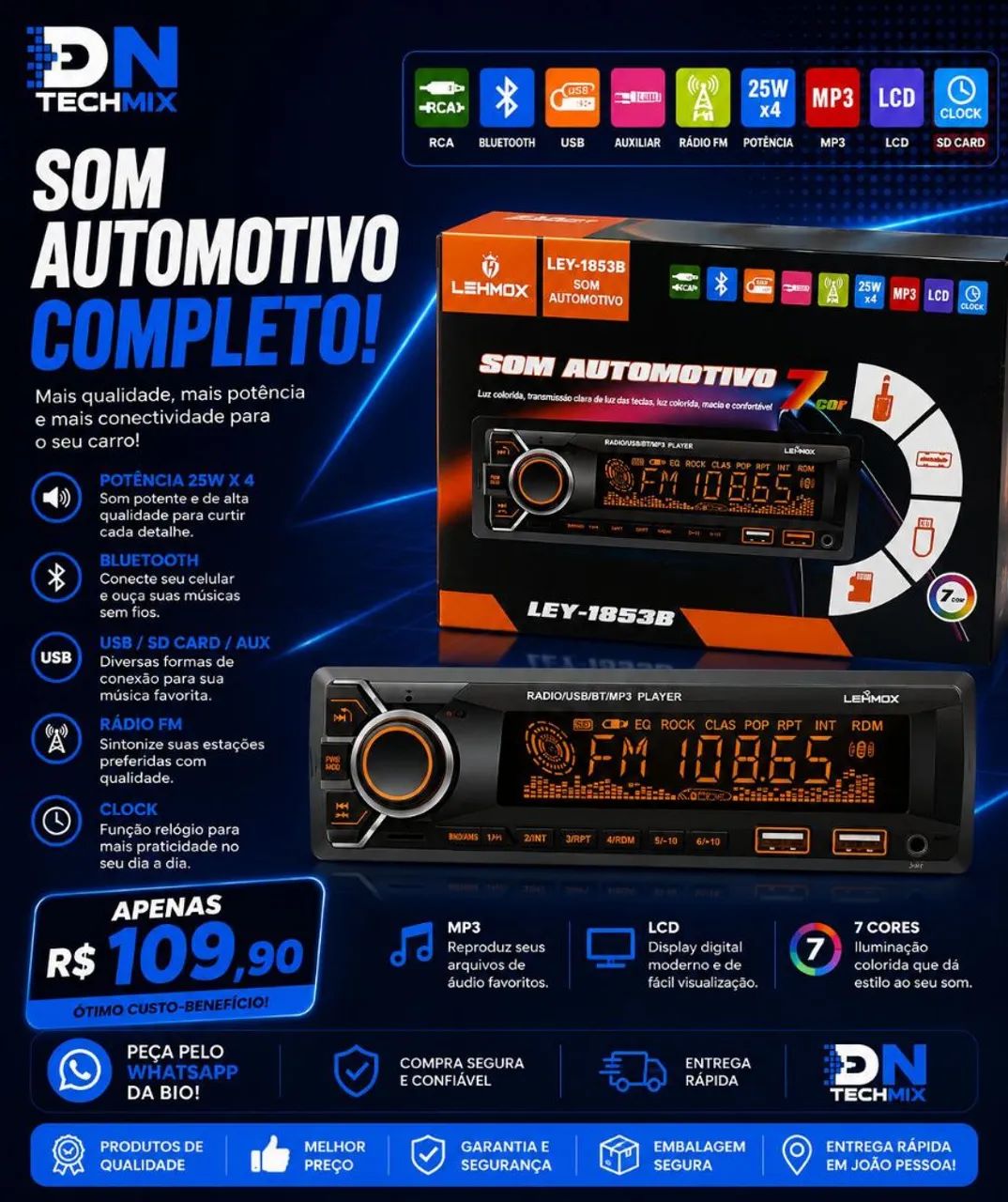 Som de carro Bluetooth e USB
