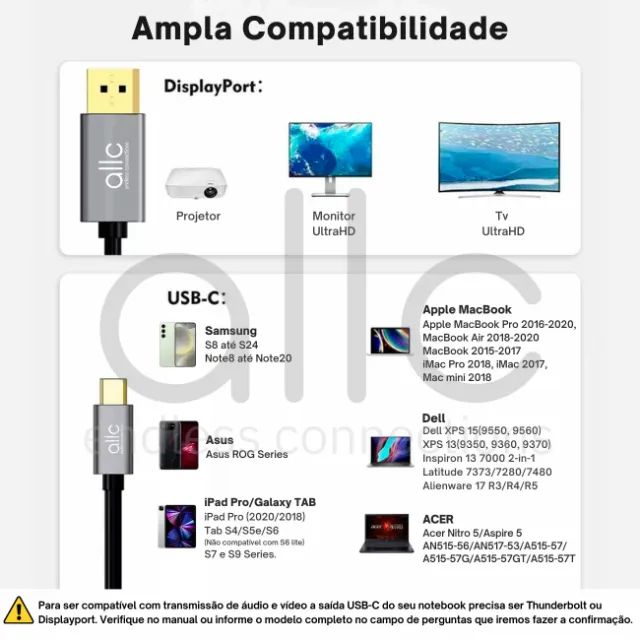 Cabo Adaptador Usb Tipo C Displayport 8k 30hz 5k 60Hz 4k 144Hz 2K 240Hz Thunderbolt Compat - Foto 4
