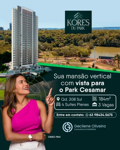 Apartamento 308 Sul Kores do Park são 184m2 c/ 4 suítes plenas 3 vagas