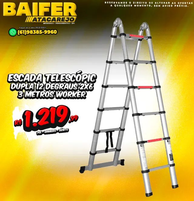 Escada Telescópica Dupla 12 Degraus 2x6 3 Metros Worker