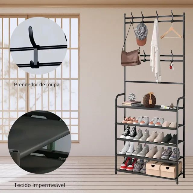 Cabideiro Organizador com Sapateiro 2 em 1 - 4 Níveis, 8 Ganchos, Estrutura Reforçada em A