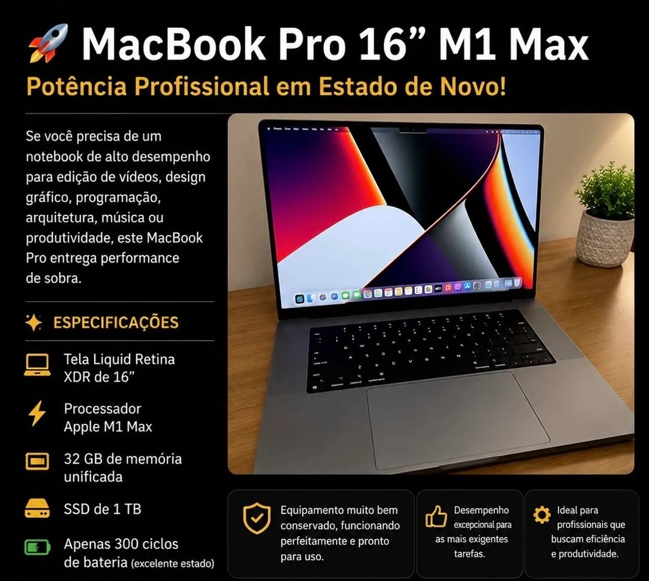 Macbook pro m1 max 32Gb 1TB Gpu 32 16 polegadas  - Foto 5