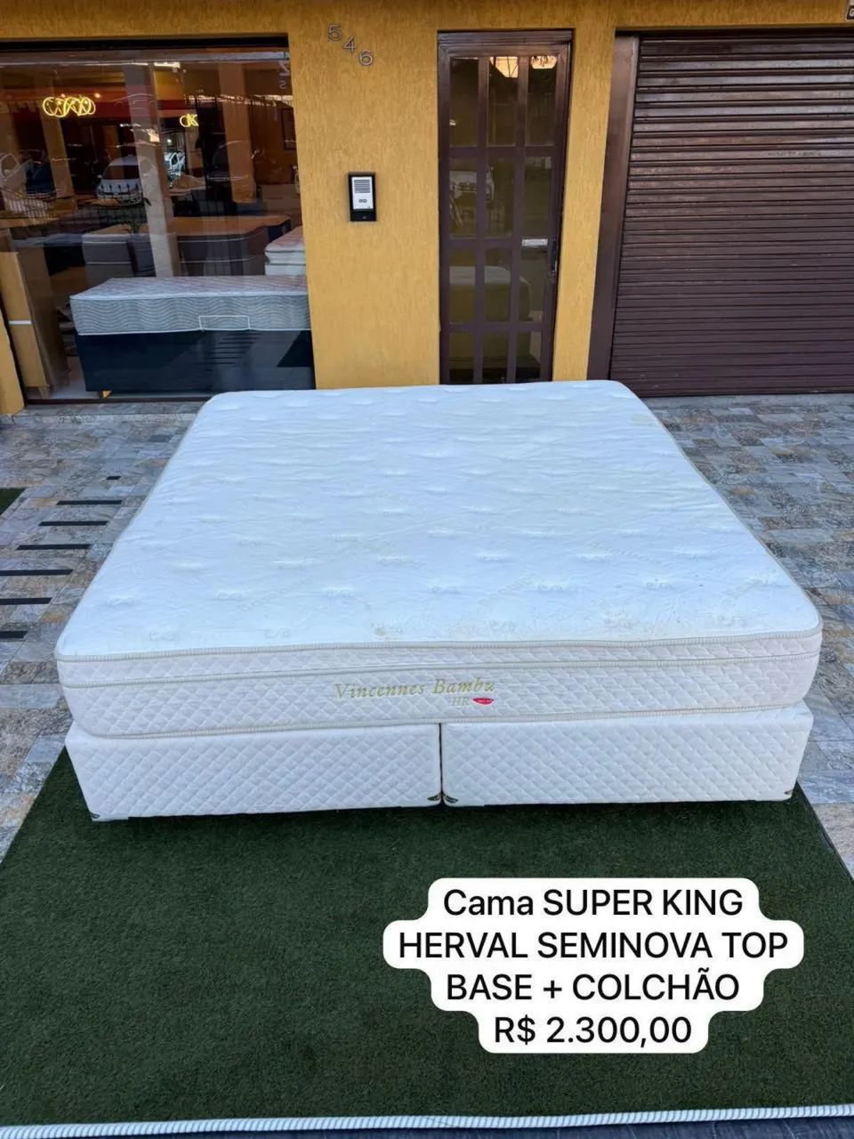 Cama KING HERVAL SEMINOVA COM BASE E COLCHÃO KING - Entrego! 