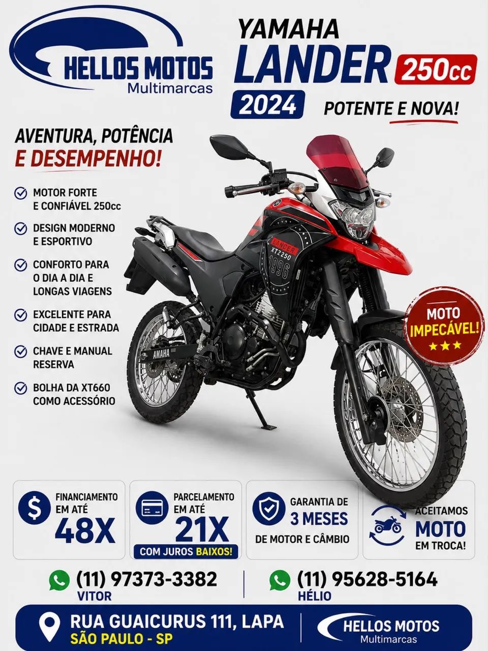 XTZ LANDER 250 2024 aceito moto na troca fin 48x aceito cartão 12 x 18x 1.8% am - Foto 2