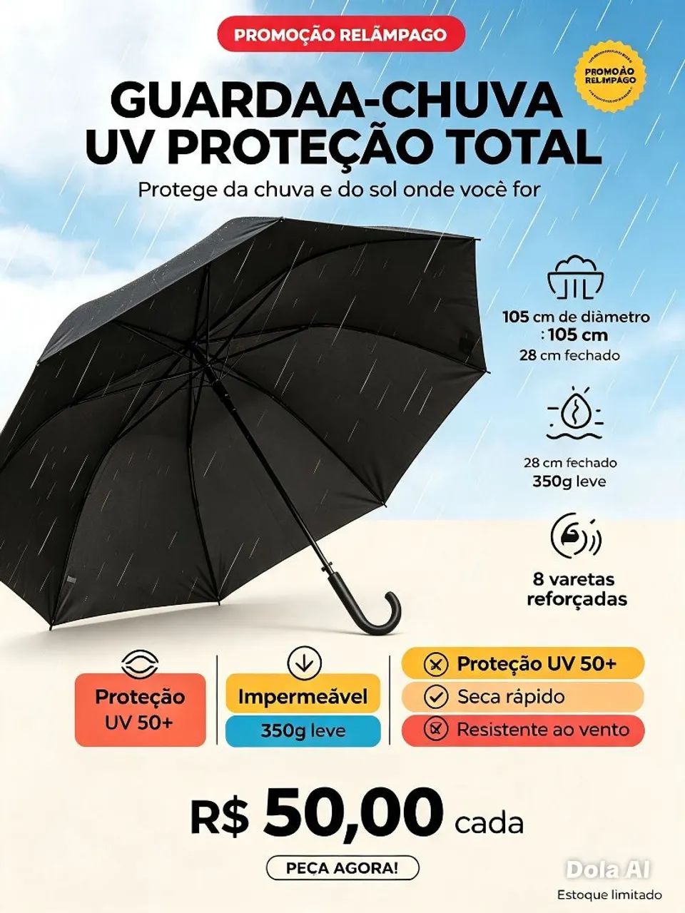 GUARDA CHUVA com proteção UV e resistente a vento  - Foto 4