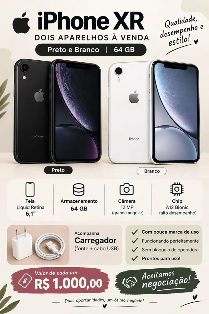 VENDO 2 IPHONES XR - 64GB | PRETO E BRANCO