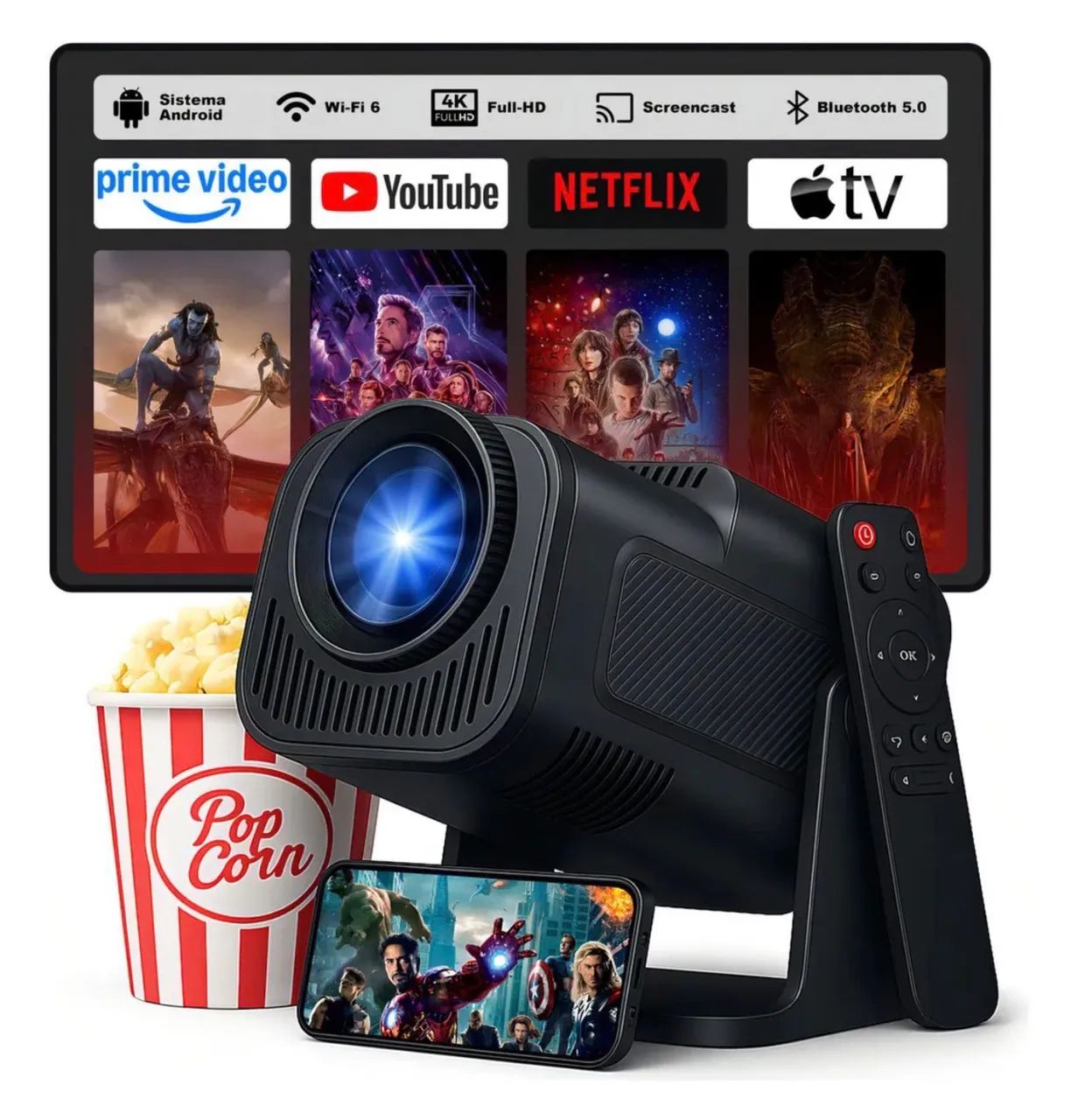 *Projetor Portátil Smart HY320 Sistema Android resolução Ultra 4K HD 120 polegadas