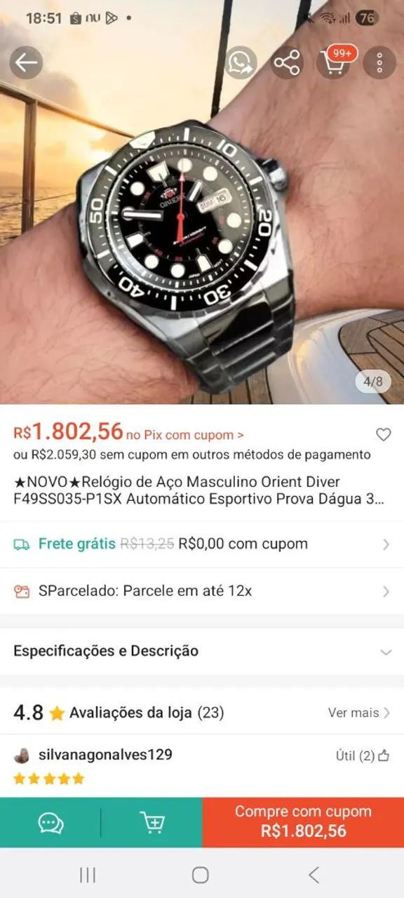 Relógio oriente automático 