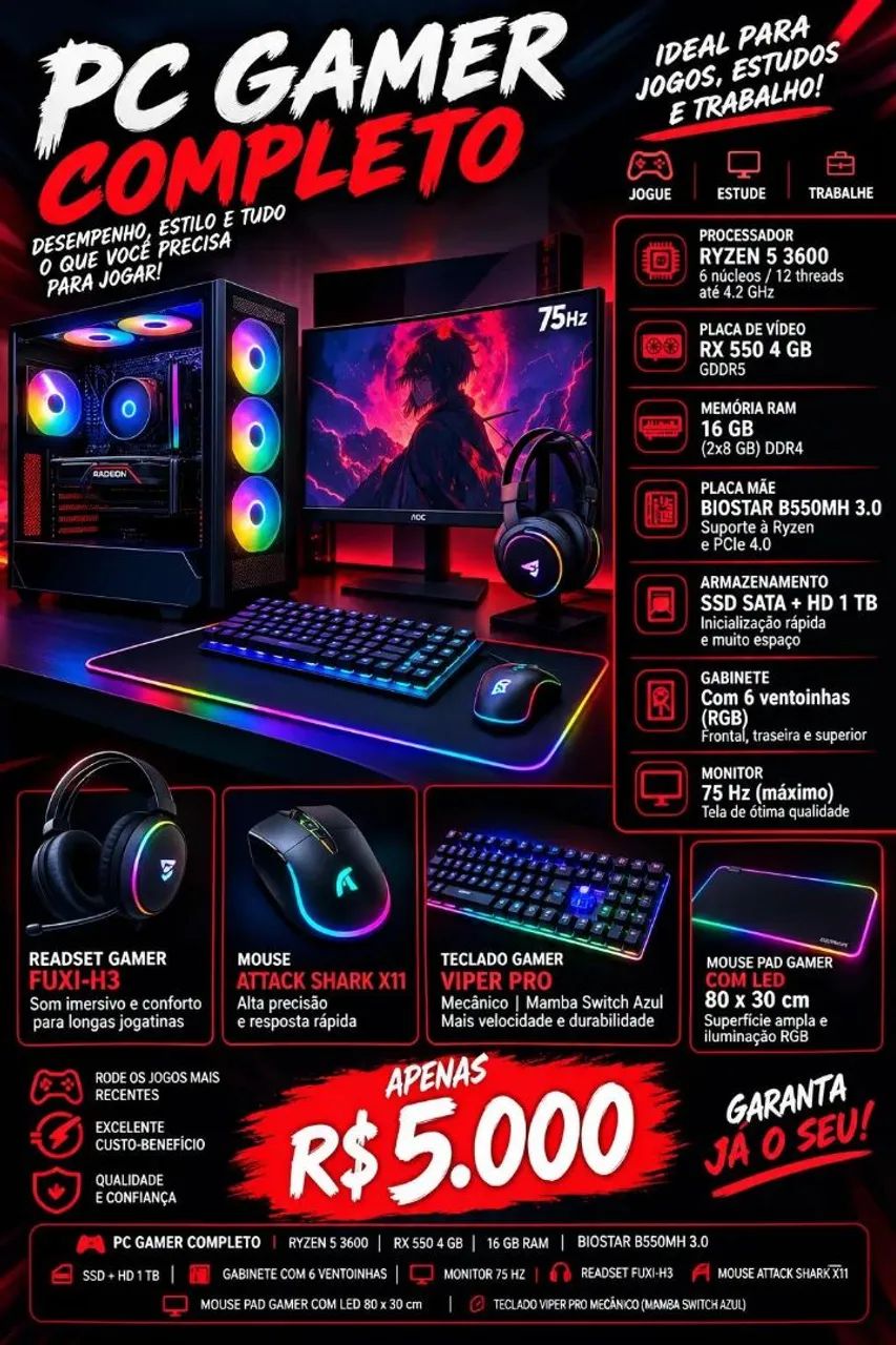 Pc gamer completo com periféricos novos