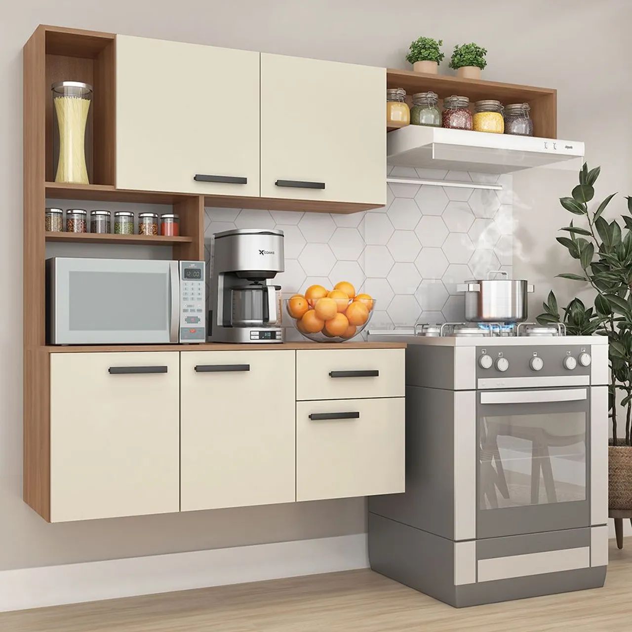 Armário de Cozinha Branco com Detalhes em Madeira - Foto 3