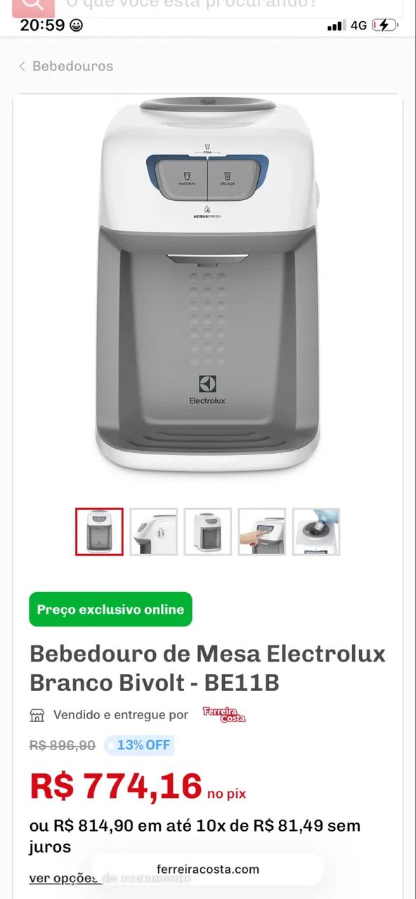 BEBEDOURO DE MESA ELETROLUX BRANCO BIVOLT - ÁGUA NATURAL E FRIA
