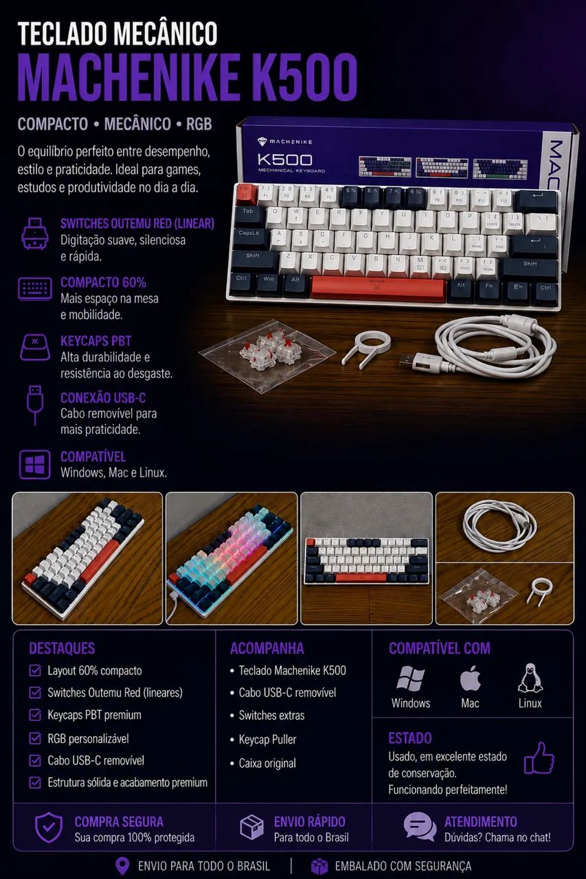 Vendo teclado Machenike K500, o queridinho dos gamers e setup minimalista! - Foto 2