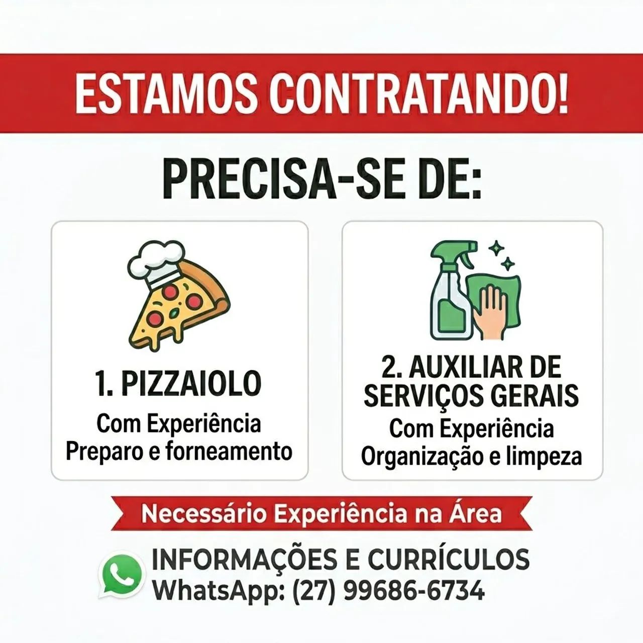 Precisa-se de Pizzaiolo e Serviços Gerais 