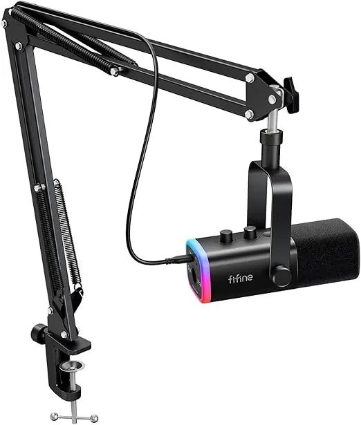 Fifine AM8T RGB - Kit de micorofone XLR/USB, mic dinamico com braço