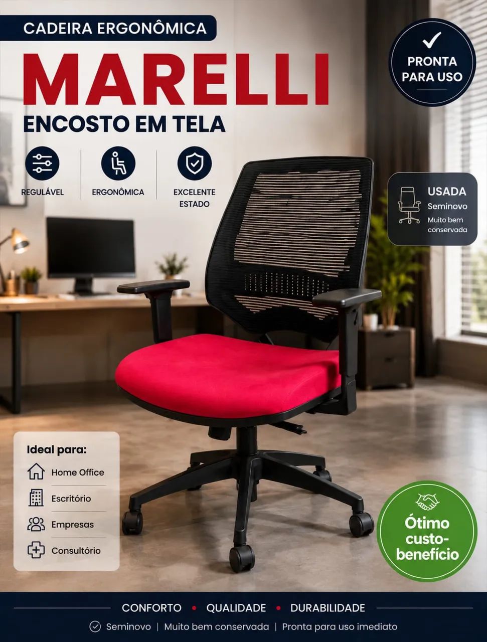 Cadeira Ergonômica Marelli com Encosto em Tela Regulável para Escritório e Home Office