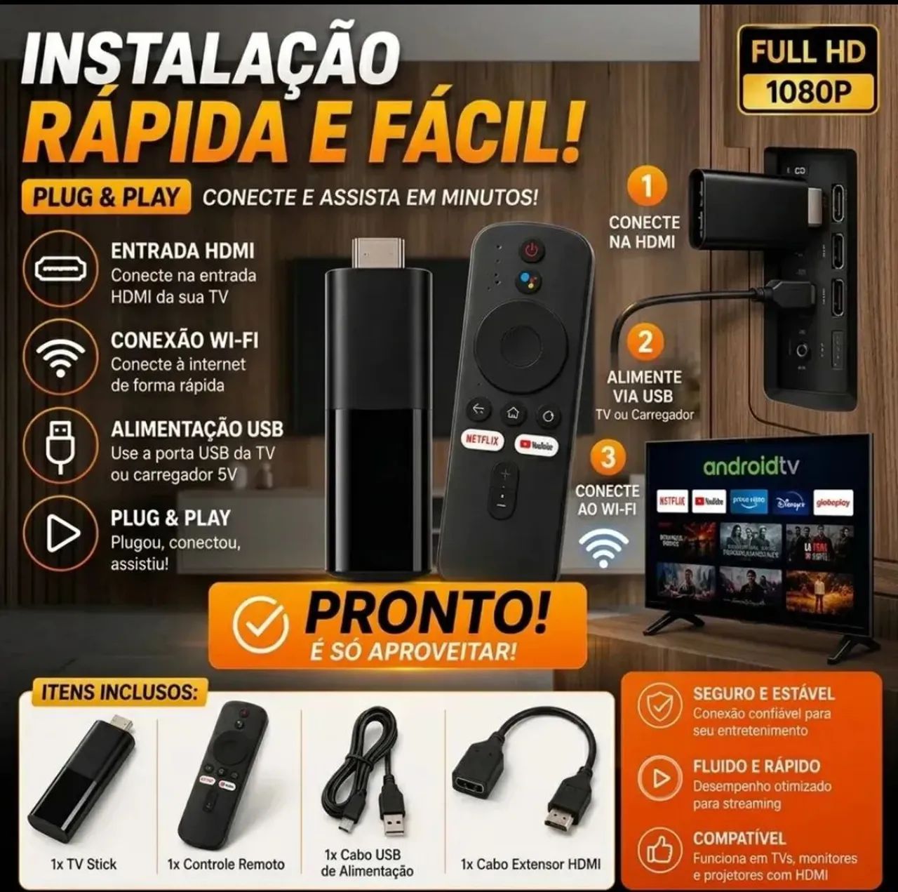 Tv Stick Android c/ Controle de Voz - Transforme sua Tv em Smart - Foto 4