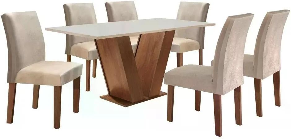 Mesa de Jantar 6 Cadeiras Com Tampo de Vidro Off-White