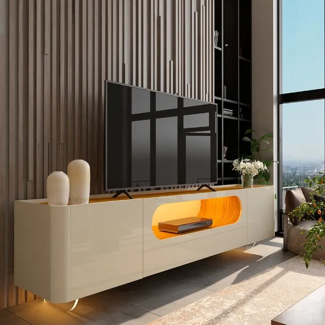 RACK 100% MDF COM LED E PÉS EM VIDRO 2 PORTAS 1 GAVETA
