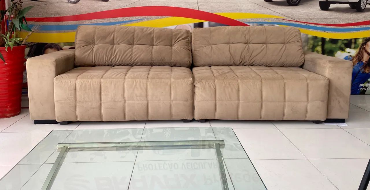 Sofá Retrátil Grande Suede Bege 4 Lugares - Ótimo Estado - Foto 2