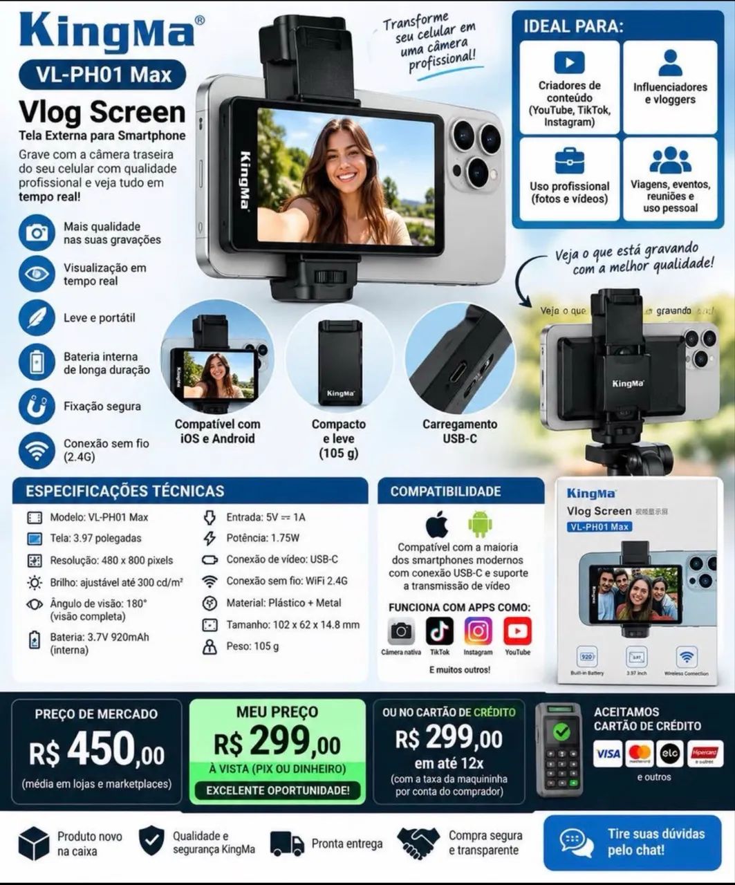 Tela externa para smartphone / monitor para gravação Marca: KingMa