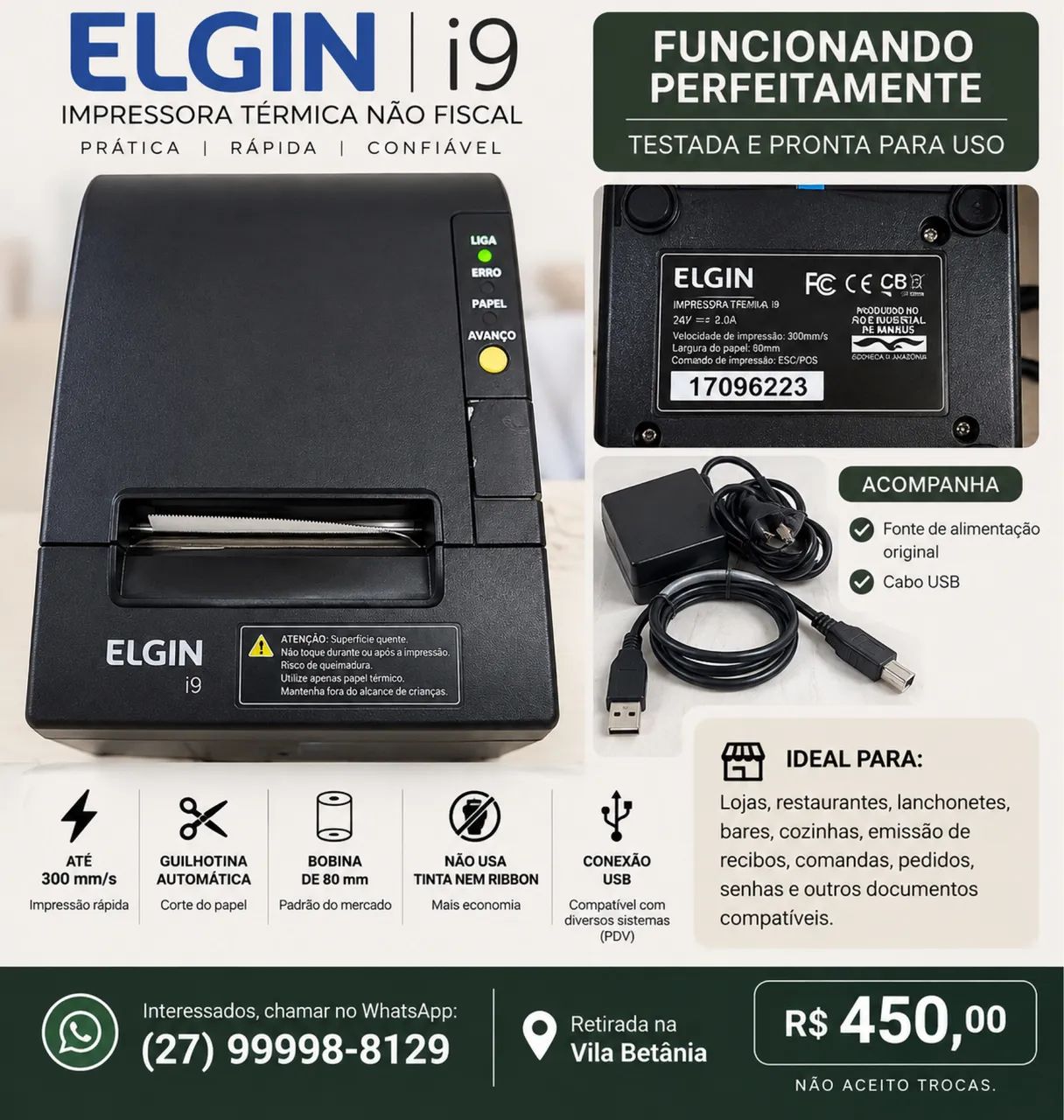 Impressora Térmica Elgin i9 80mm - Testada e Funcionando