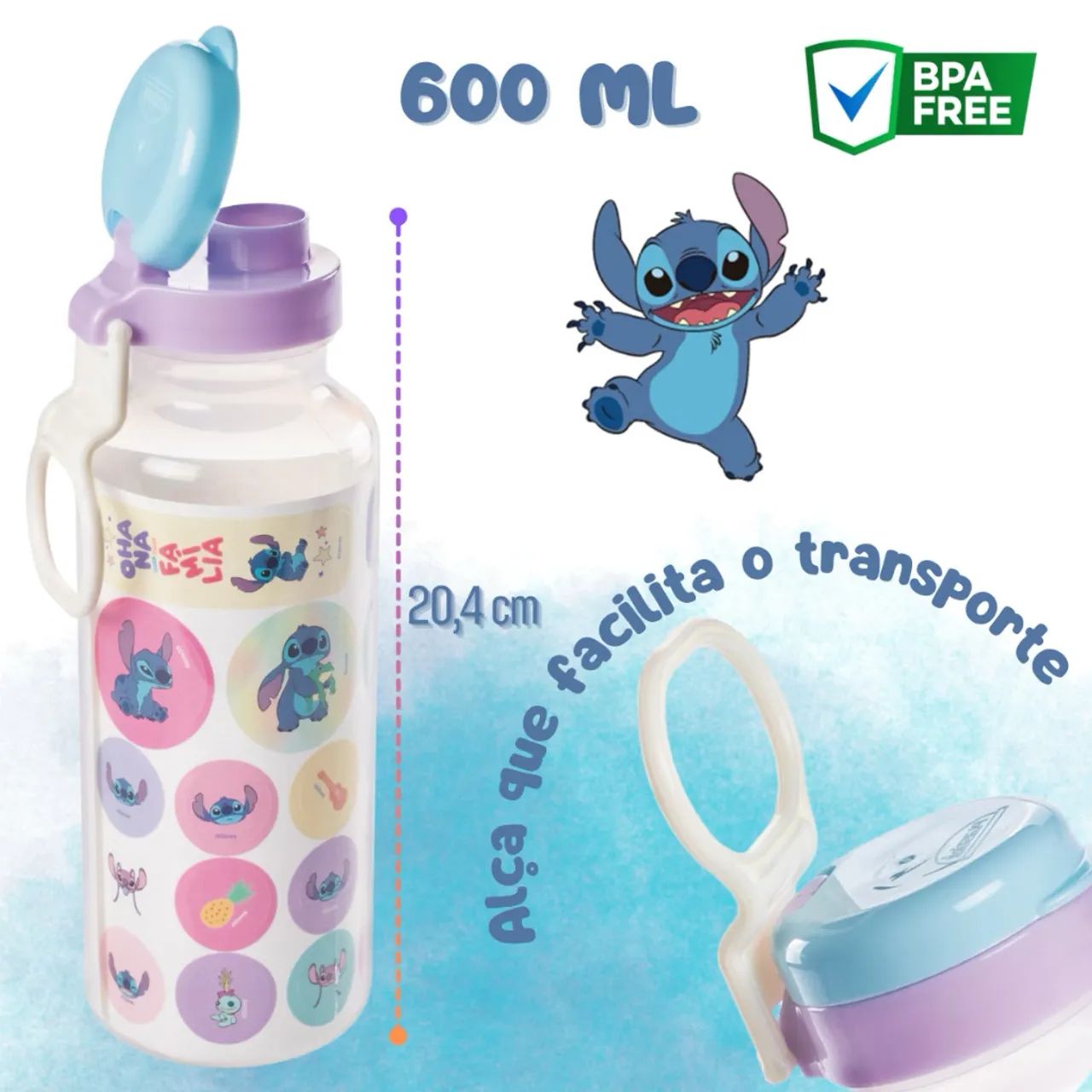 Garrafa de Plástico Com Adesivos Divertida Mente e Stitch 600ml - Foto 2