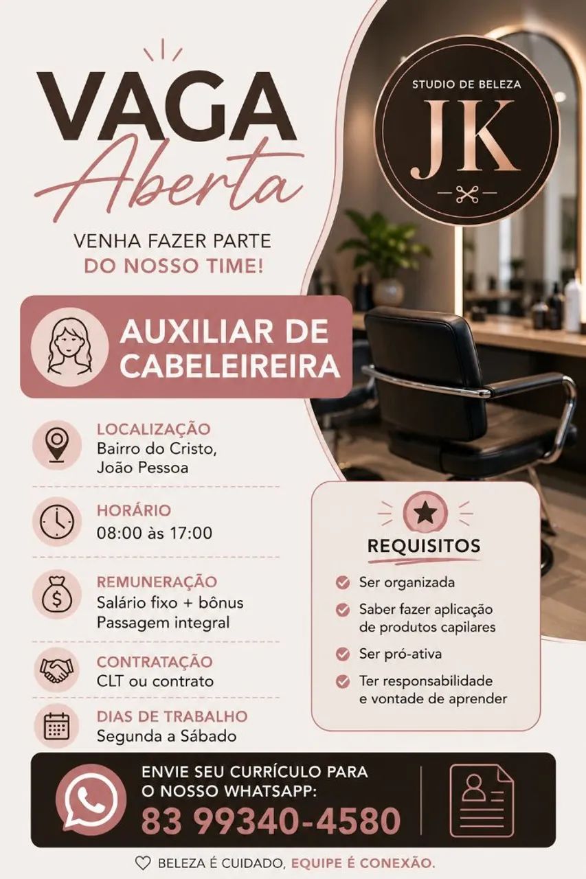 Vaga em salão de beleza. 