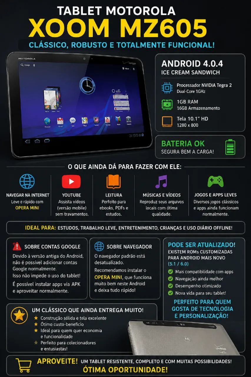 TABLET MOTOROLA XOOM MZ605 - CLÁSSICO, ROBUSTO E TOTALMENTE