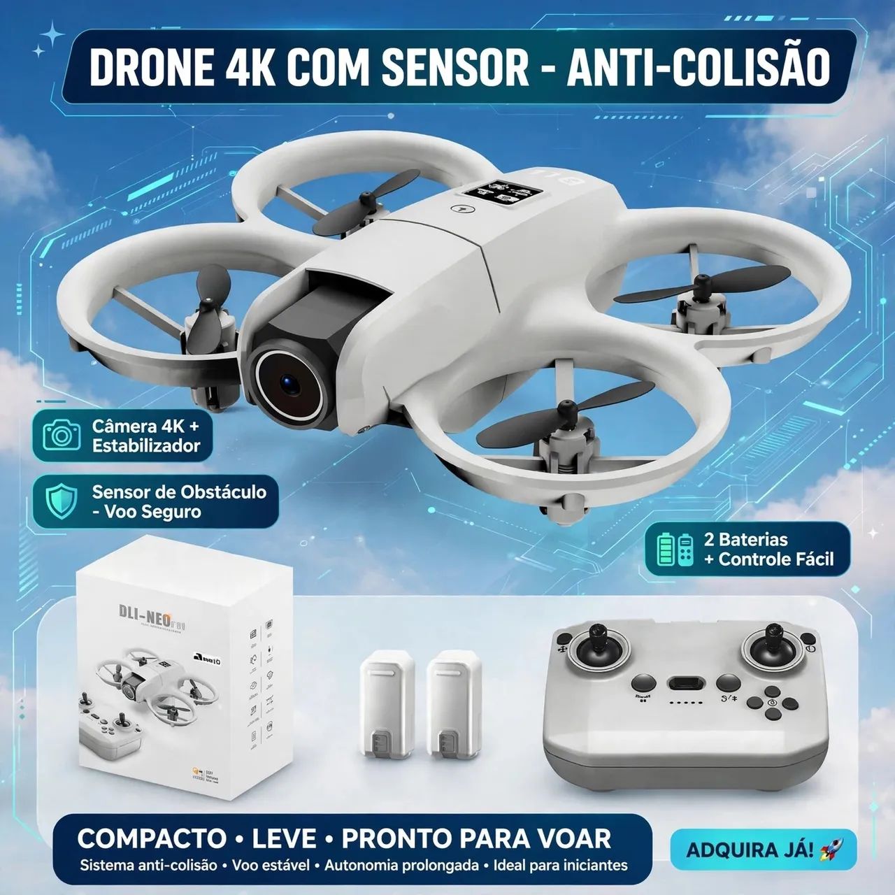 Drone com duas baterias câmera 4K estabilizador sensor demissão garantida