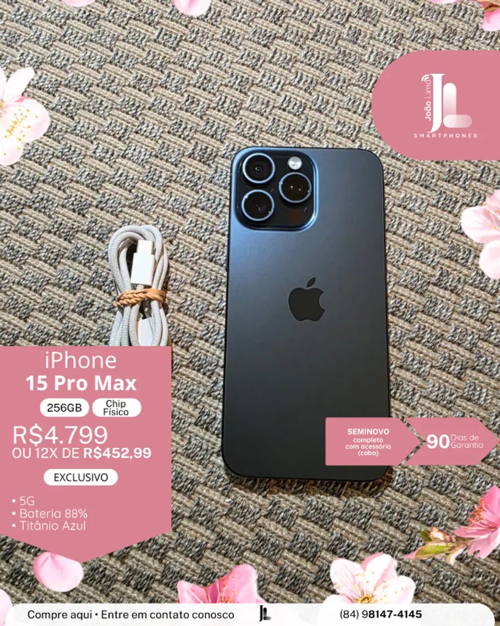 IPHONE 15 PRO MAX, 5G, 256GB, CHIP FÍSICO, TITÂNIO AZUL, SEMINOVO