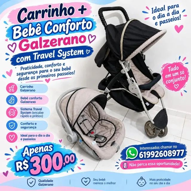 Conjunto carrinho de bebê e bebê conforto Galzerano