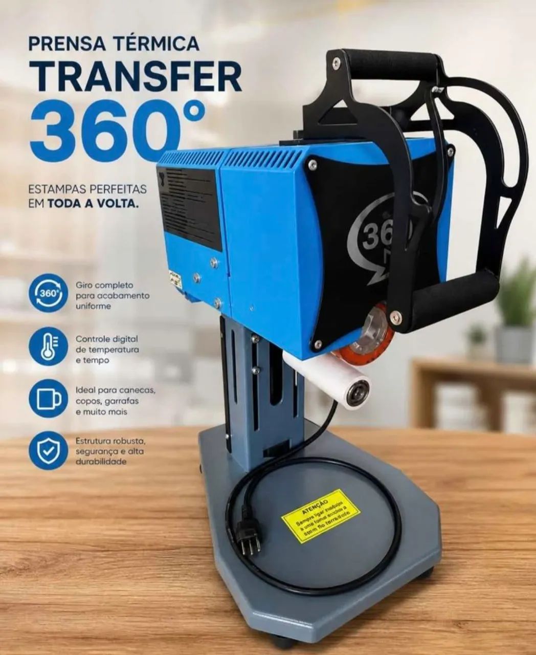 Título: Prensa Térmica Transfer 360° para Canecas, Copos e Garrafas
