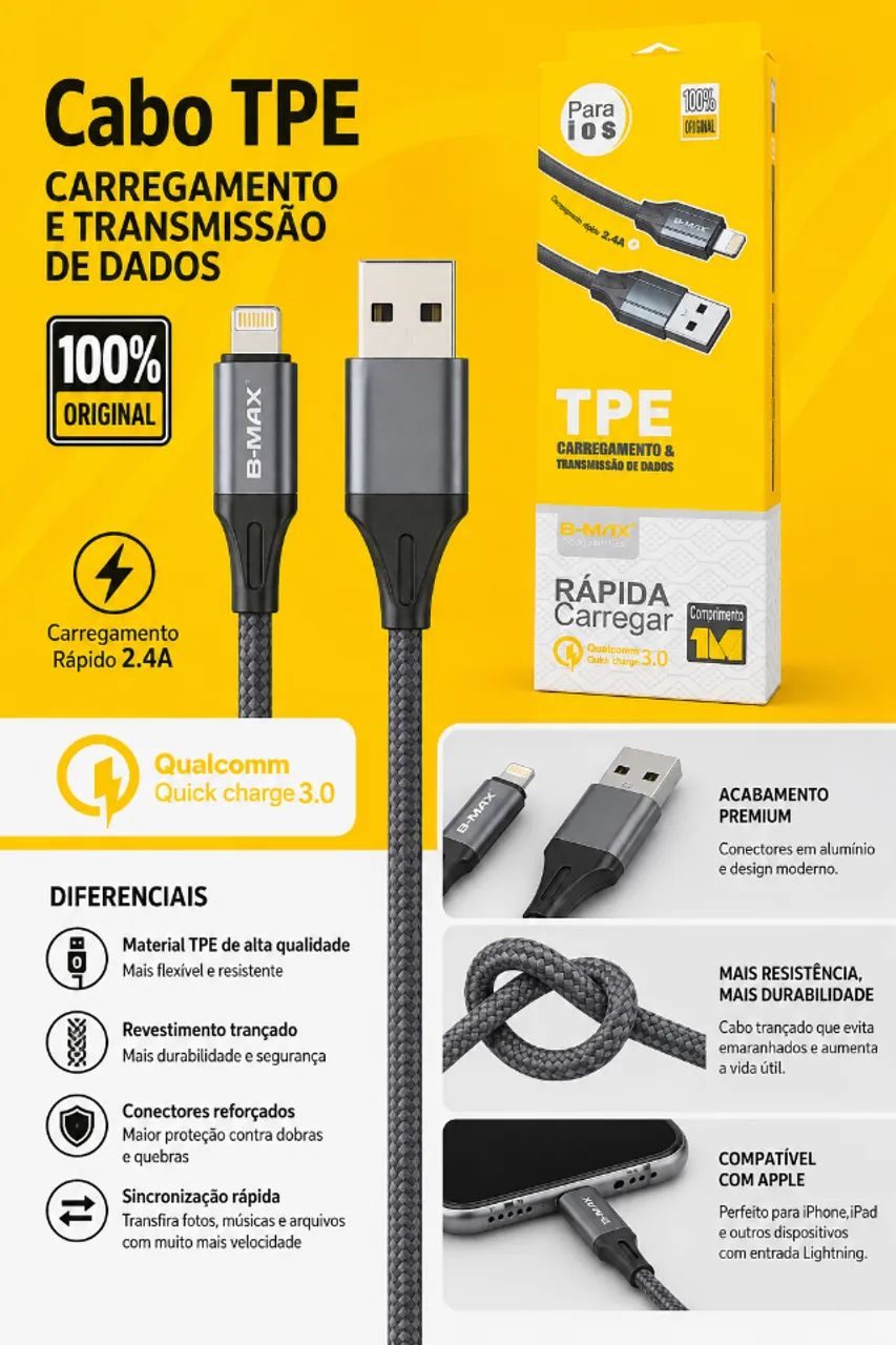 Cabo Reforçado B-Max USB para Lightning 1m - Foto 5