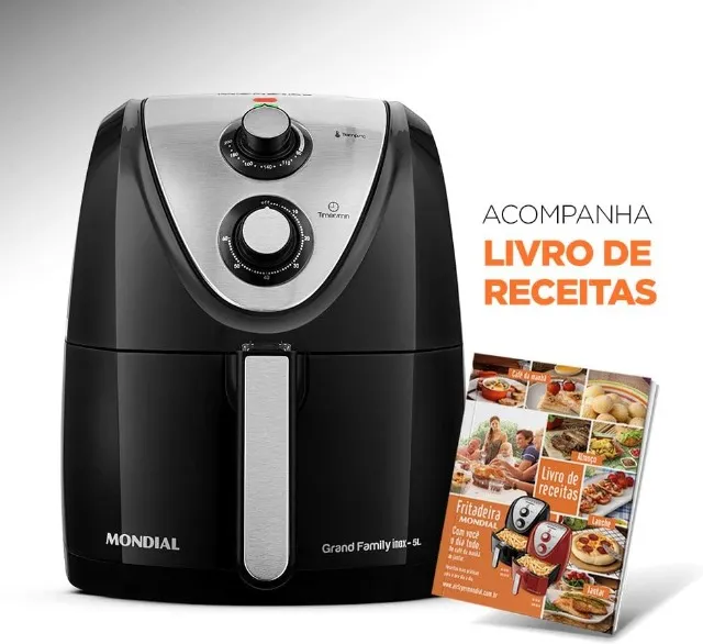 Fritadeira Sem Óleo Mondial, Grand Family Inox - 5L, 220V, Preto, 1900W **nova**
