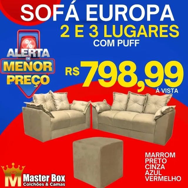 Sofá Fixo Europa 2 e 3 Lugares com Puff Diversas Cores em Sued
