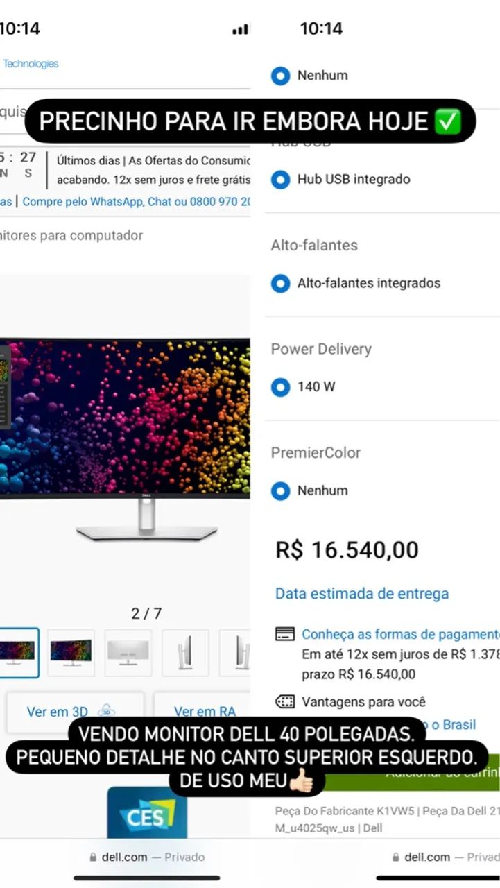 Monitor Dell 40 Polegadas Tela Curved 4k - Detalhe no canto esquerdo da tela.