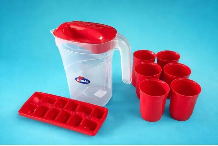 Kit Jarra Com 6 Copos E Forma De Gelo Vermelho Plástico.