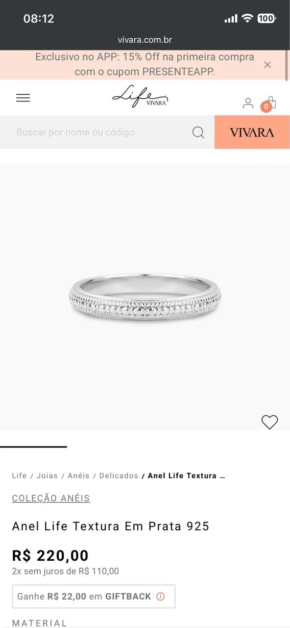 Pulseira E Anel Life Vivara Original 